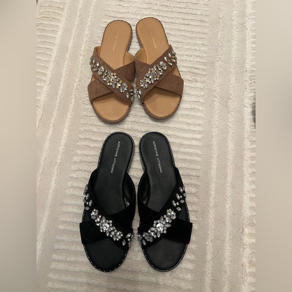 Adrienne Vittadini Crystal Embellished Slide Sandals - Black or Brown